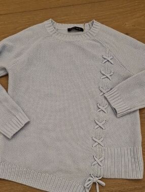 Ivanka Trump Pale Blue Lace-Up Crewneck Sweater